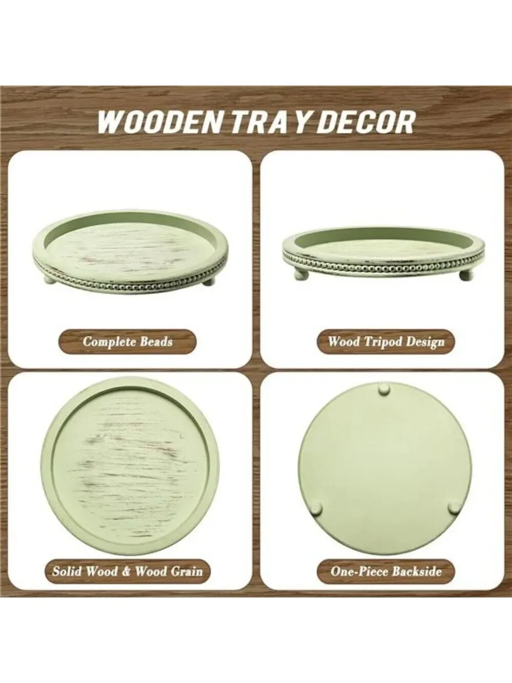 Wooden Beaded Round Tray Decorative Coffee Table Centerpiece Sage Farmhouse